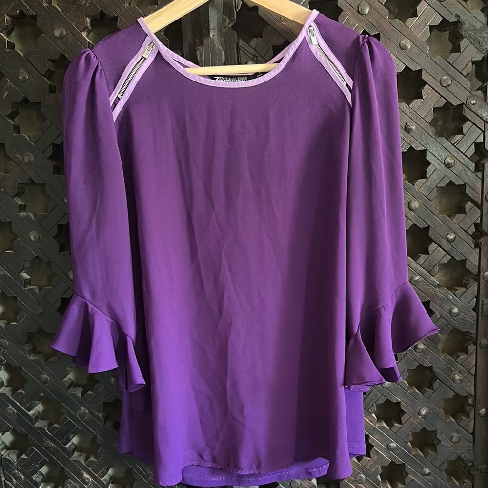 Purple Bell Sleeve Blouse with Ruffled Details
